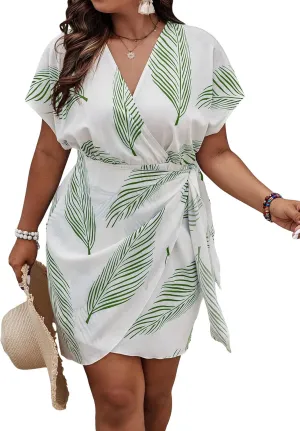SOLY HUX Women's Plus Size Leaf Print Dress V Neck Wrap Tie Side Short Sleeve Boho Short Dresses