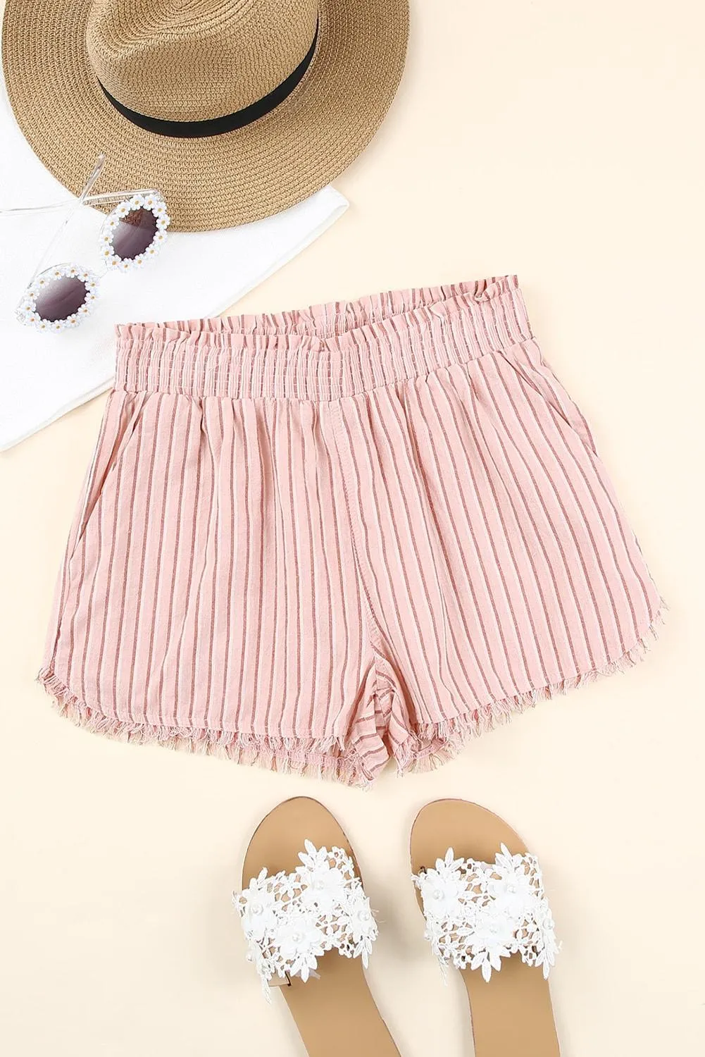 Striped Frayed Hem Paper bag Shorts