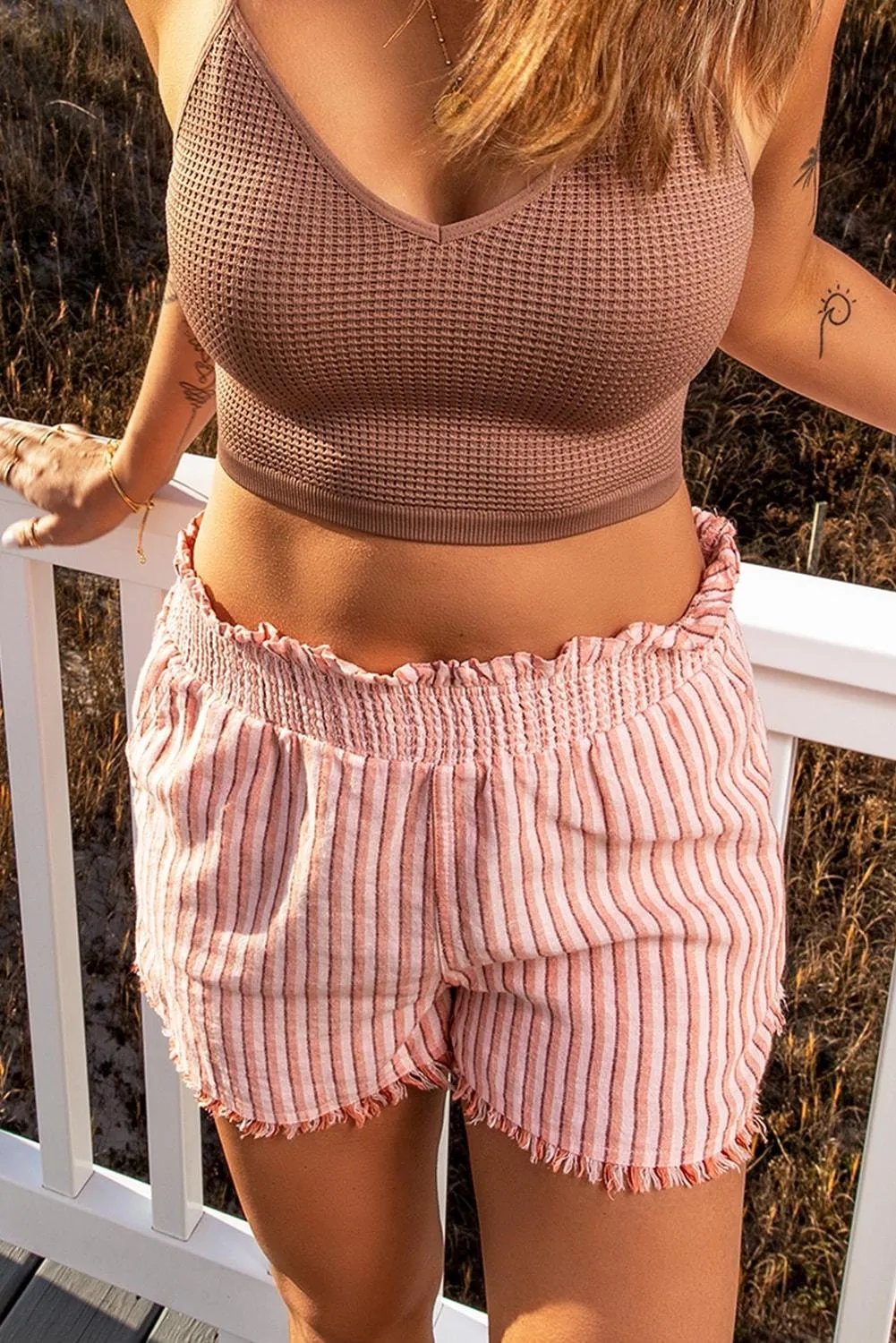 Striped Frayed Hem Paper bag Shorts