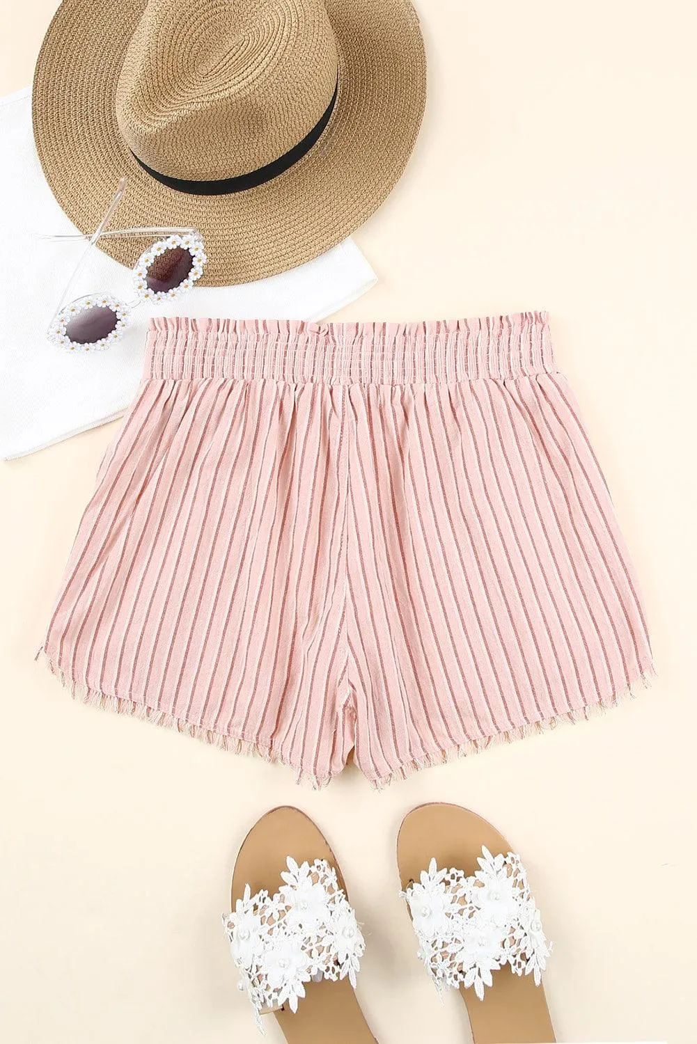 Striped Frayed Hem Paper bag Shorts