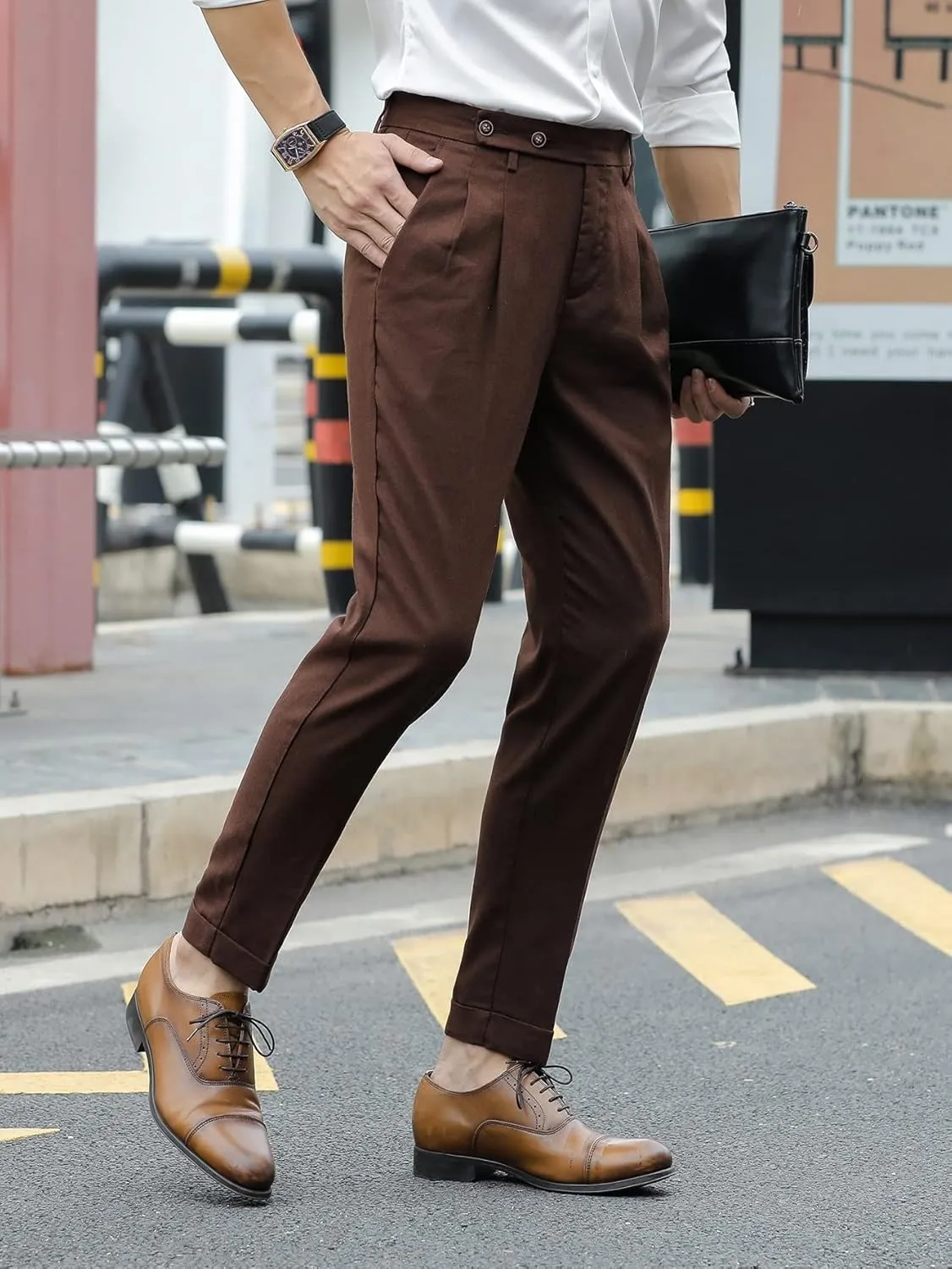 SweatyRocks Men's High Waist Fold Pleated Crop Suit Pants Work Office Business Long Trousers with Pockets