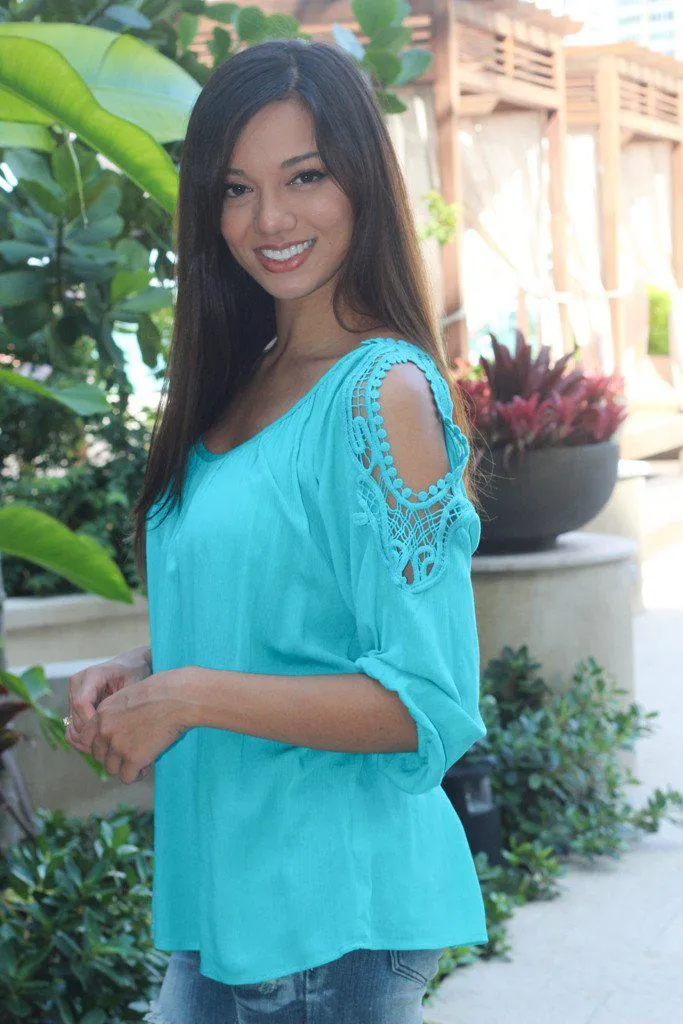 Teal Crochet Open Shoulder Top