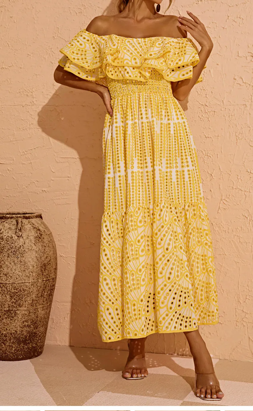 Tulum Off Shoulder Yellow Eyelet Dress