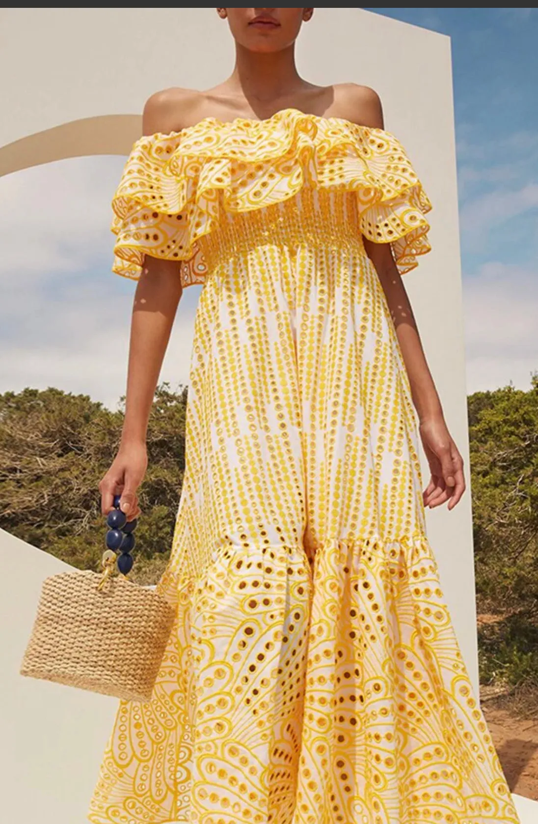 Tulum Off Shoulder Yellow Eyelet Dress