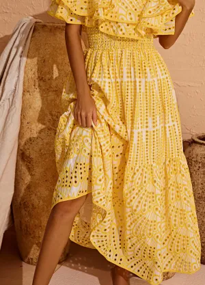 Tulum Off Shoulder Yellow Eyelet Dress
