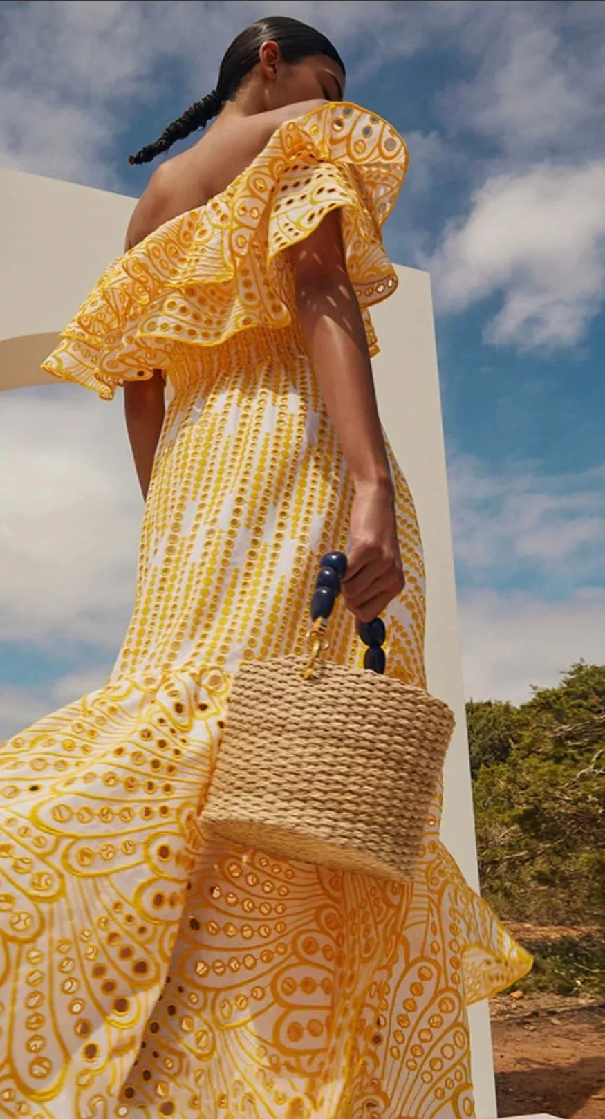 Tulum Off Shoulder Yellow Eyelet Dress