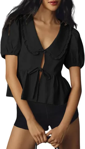 utcoco Women Tie Front Tops Puff Sleeve Peplum Babydoll Shirts Peter Pan Collar Coquette Blouses Cute Going Out Tops