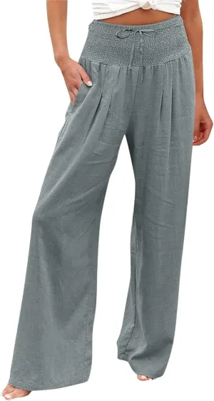 Wide Leg Linen Pants Women Summer High Waisted Boho Beach Flowy Pant Casual Vacation Outfits Elastic Lounge Trousers