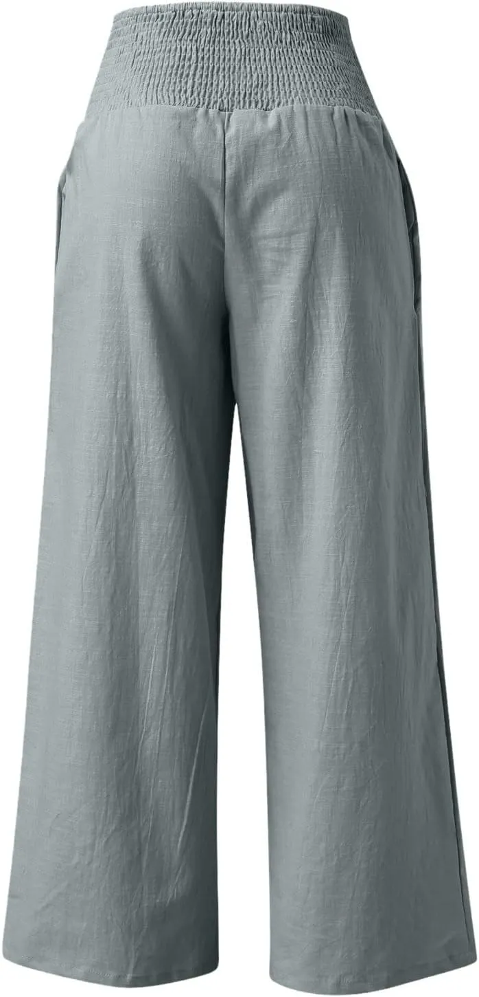 Wide Leg Linen Pants Women Summer High Waisted Boho Beach Flowy Pant Casual Vacation Outfits Elastic Lounge Trousers
