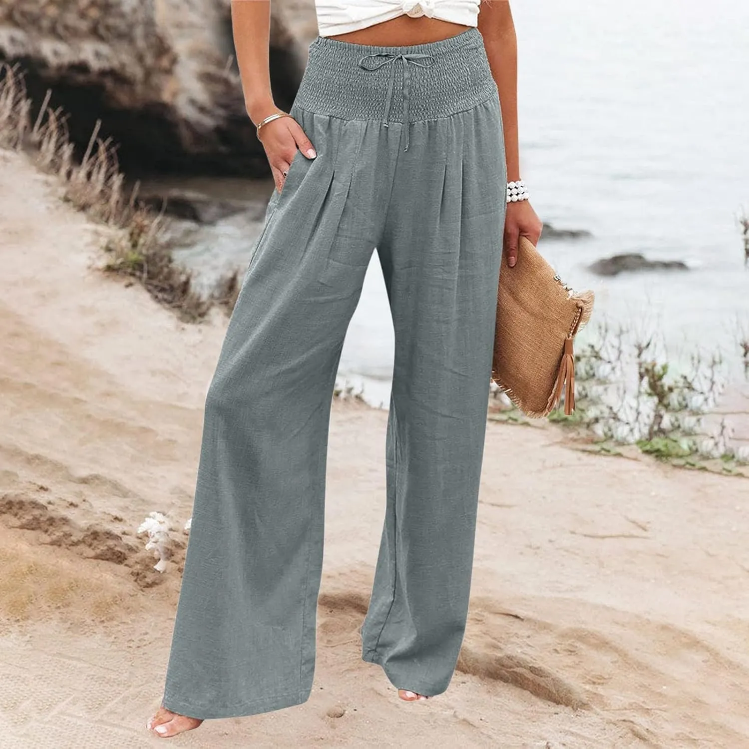 Wide Leg Linen Pants Women Summer High Waisted Boho Beach Flowy Pant Casual Vacation Outfits Elastic Lounge Trousers