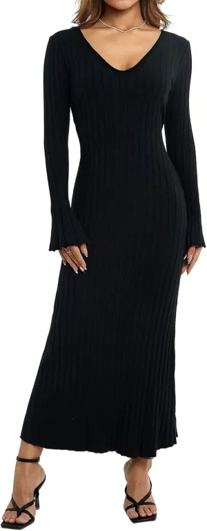 Women Ribbed Knit Maxi Dress Long Sleeve V Neck Slim Fit Bodycon Pencil Maxi Dress Party Clubwear Dresses