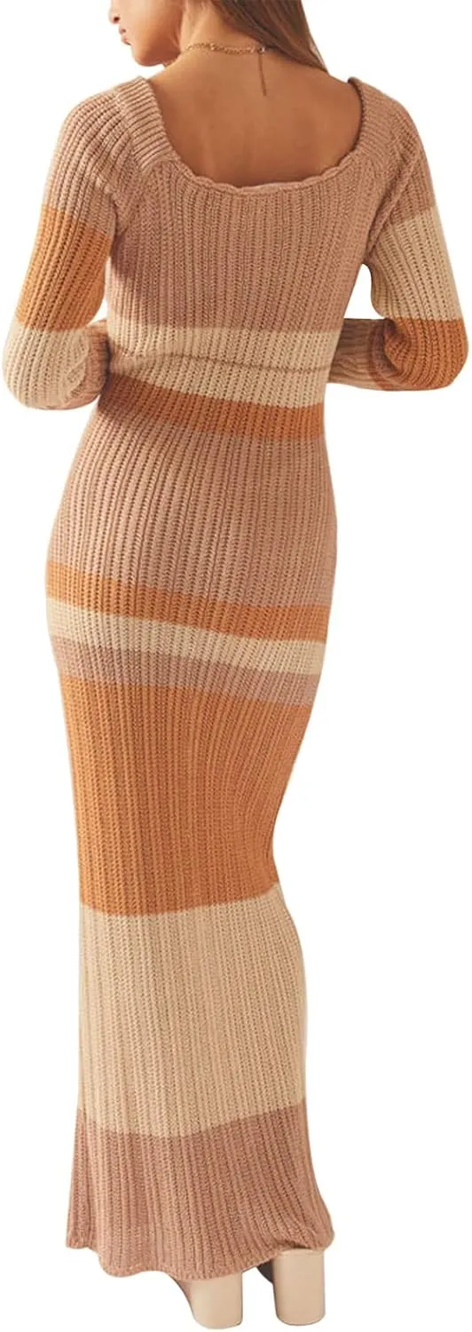 Women Ribbed Knit Maxi Dress Long Sleeve V Neck Slim Fit Bodycon Pencil Maxi Dress Party Clubwear Dresses
