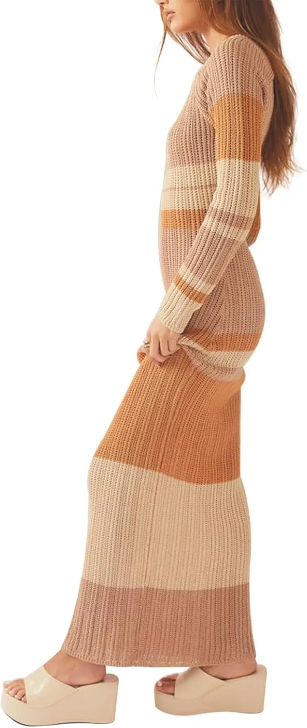 Women Ribbed Knit Maxi Dress Long Sleeve V Neck Slim Fit Bodycon Pencil Maxi Dress Party Clubwear Dresses