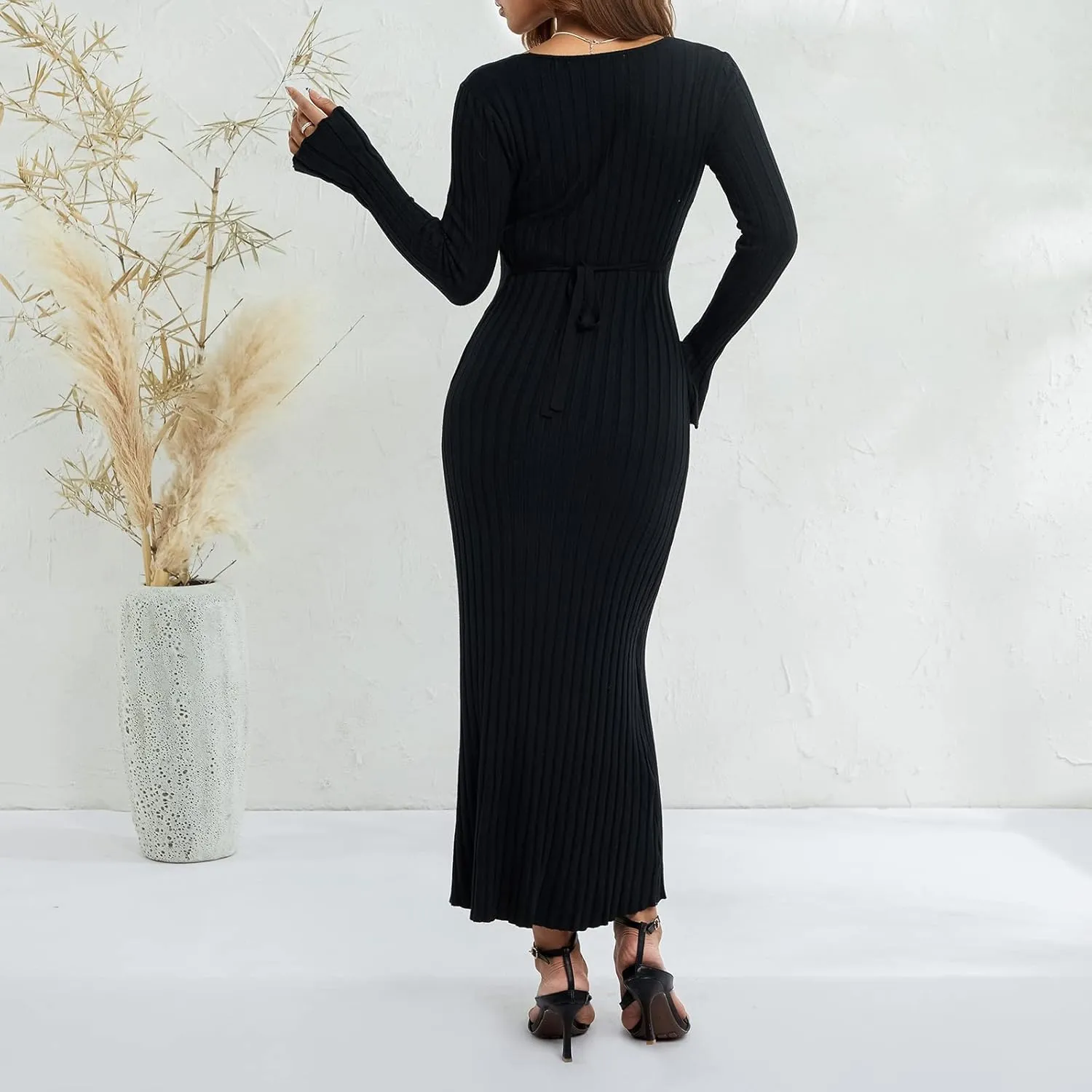 Women Ribbed Knit Maxi Dress Long Sleeve V Neck Slim Fit Bodycon Pencil Maxi Dress Party Clubwear Dresses