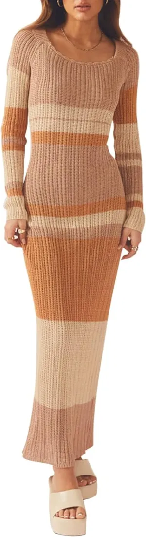 Women Ribbed Knit Maxi Dress Long Sleeve V Neck Slim Fit Bodycon Pencil Maxi Dress Party Clubwear Dresses