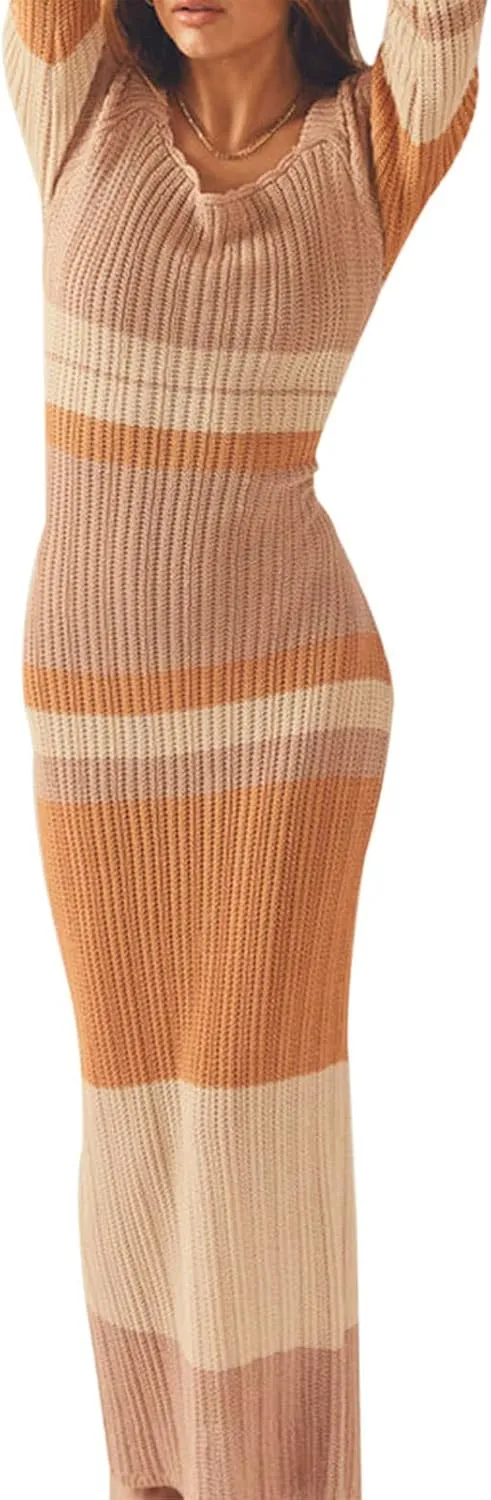 Women Ribbed Knit Maxi Dress Long Sleeve V Neck Slim Fit Bodycon Pencil Maxi Dress Party Clubwear Dresses