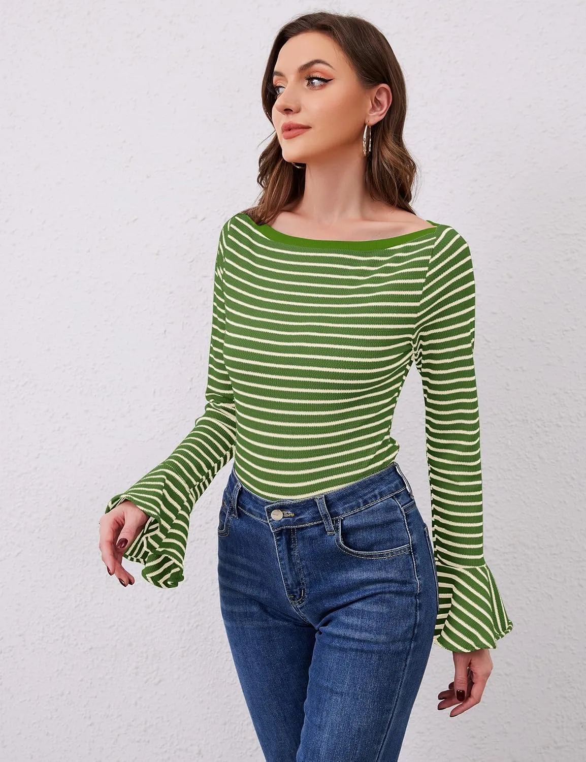 Women Striped Off Shoulder Shirts Y2k Sexy Bell Long Sleeve T-Shirt Slim Fit Ruffle Tirm Knitted Tee Tops