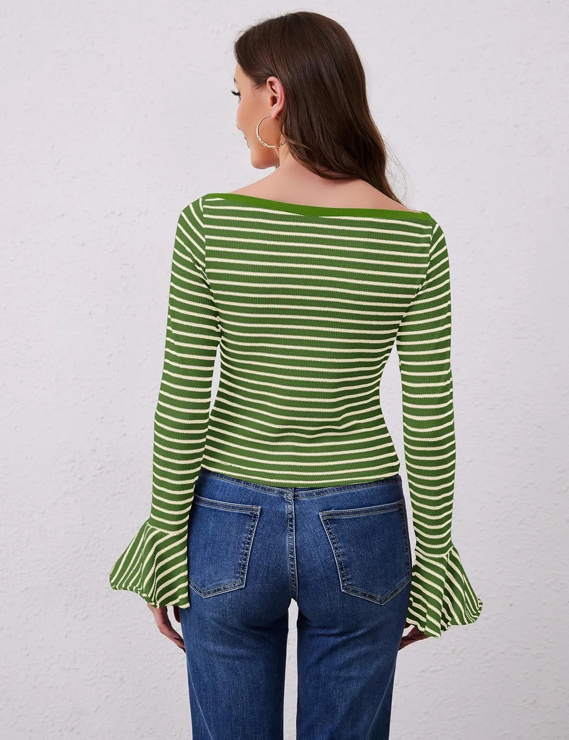 Women Striped Off Shoulder Shirts Y2k Sexy Bell Long Sleeve T-Shirt Slim Fit Ruffle Tirm Knitted Tee Tops