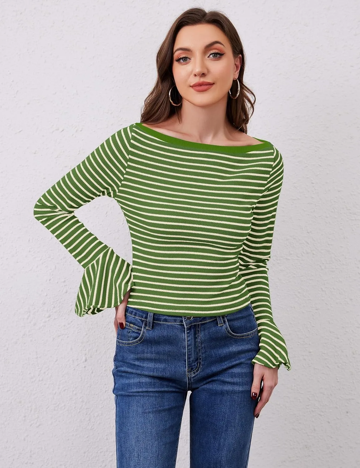 Women Striped Off Shoulder Shirts Y2k Sexy Bell Long Sleeve T-Shirt Slim Fit Ruffle Tirm Knitted Tee Tops