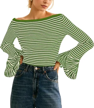 Women Striped Off Shoulder Shirts Y2k Sexy Bell Long Sleeve T-Shirt Slim Fit Ruffle Tirm Knitted Tee Tops