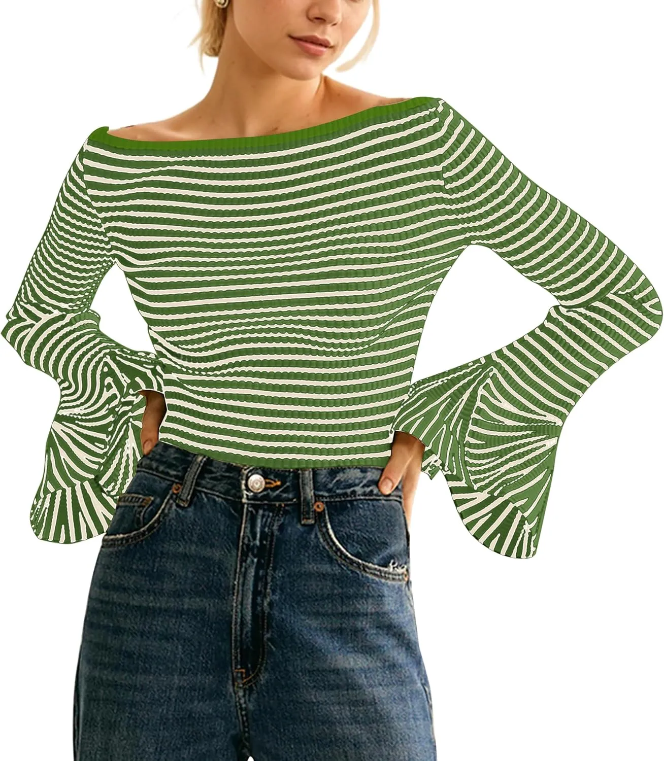 Women Striped Off Shoulder Shirts Y2k Sexy Bell Long Sleeve T-Shirt Slim Fit Ruffle Tirm Knitted Tee Tops