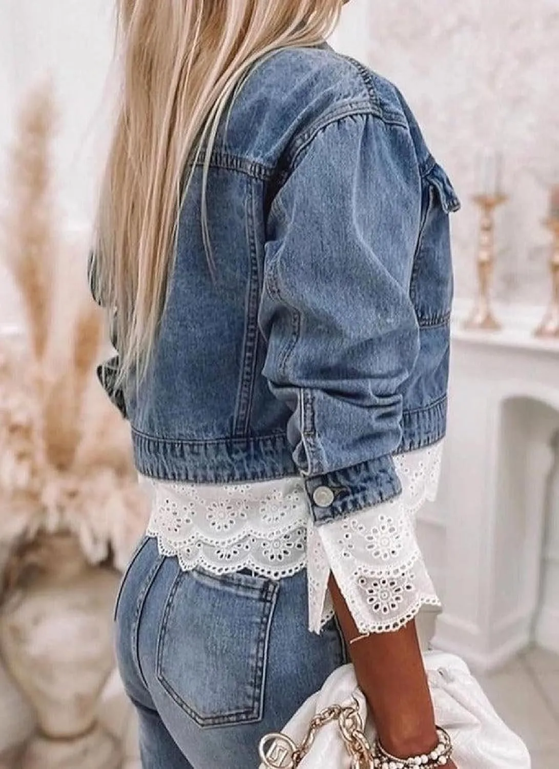 Women's Blue Single-Breasted Denim Coat Lapel Lace-Trimmed Pockets Short Jacket Fall Winter Trendy Outwear