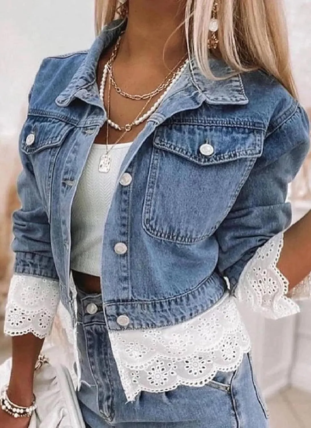 Women's Blue Single-Breasted Denim Coat Lapel Lace-Trimmed Pockets Short Jacket Fall Winter Trendy Outwear