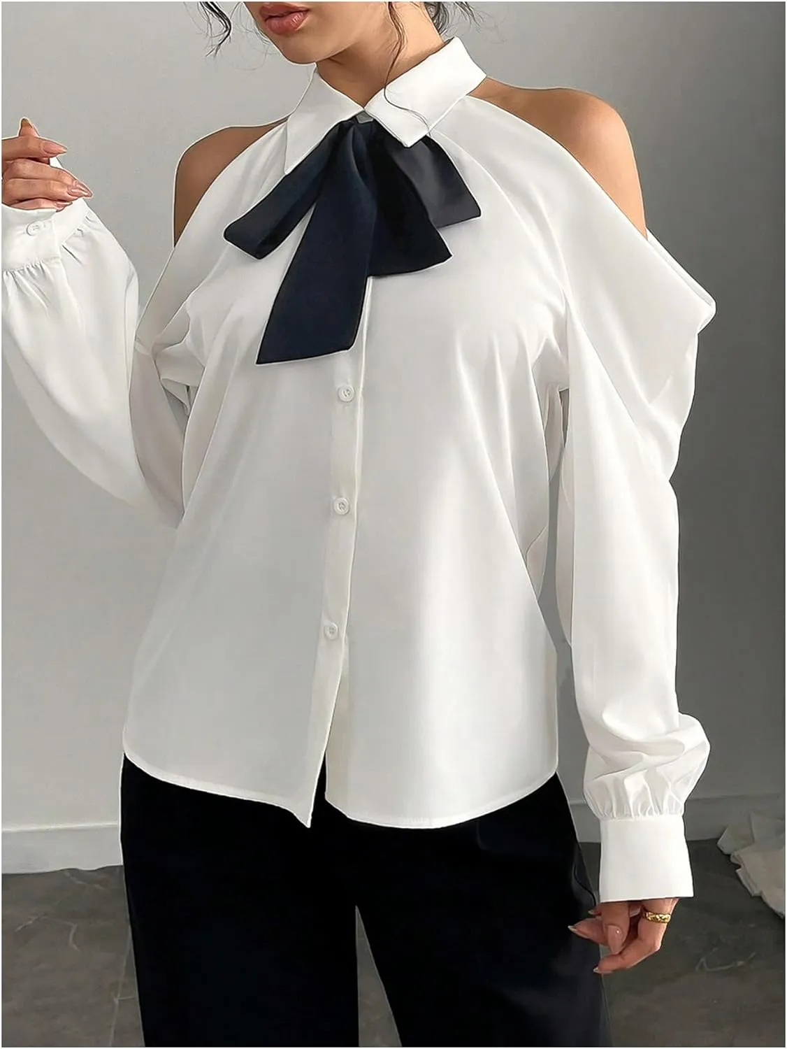 Women's Cold Shoulder Blouse Button Down Long Sleeve Collared Cropped Blouses with Necktie