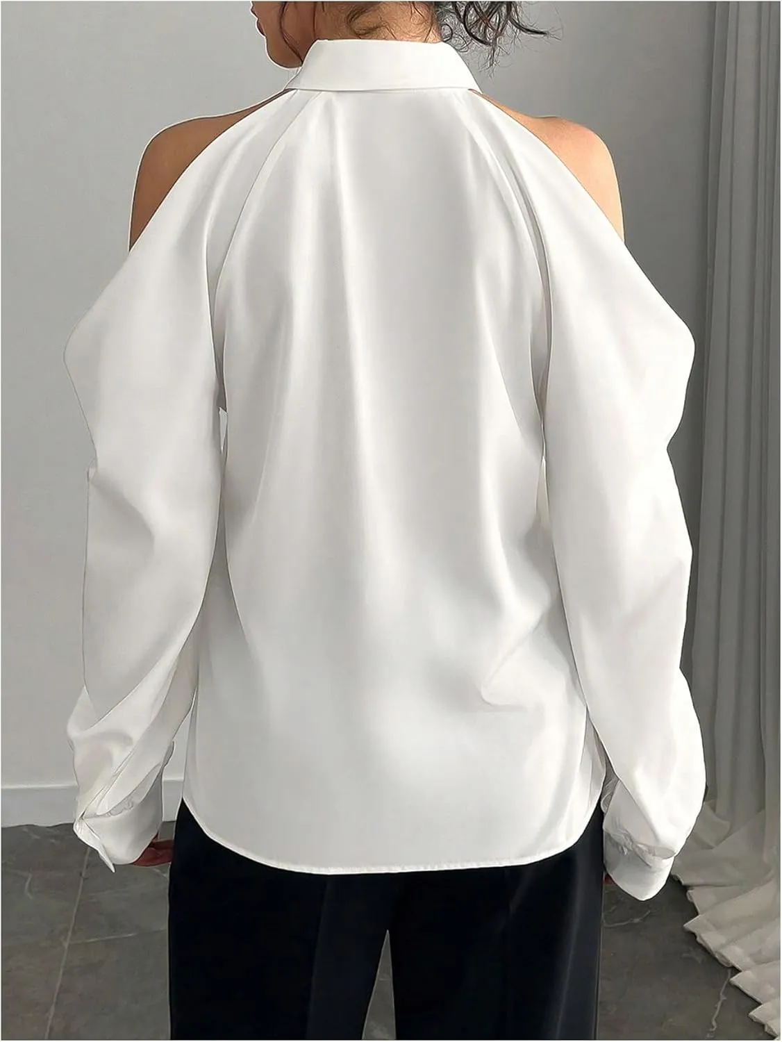 Women's Cold Shoulder Blouse Button Down Long Sleeve Collared Cropped Blouses with Necktie