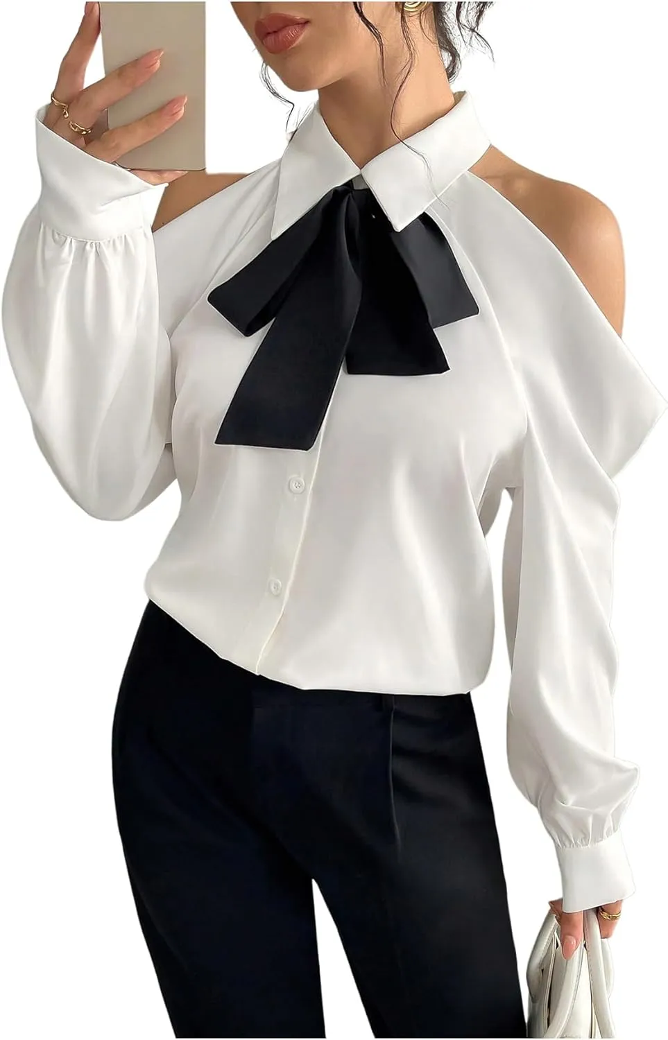 Women's Cold Shoulder Blouse Button Down Long Sleeve Collared Cropped Blouses with Necktie
