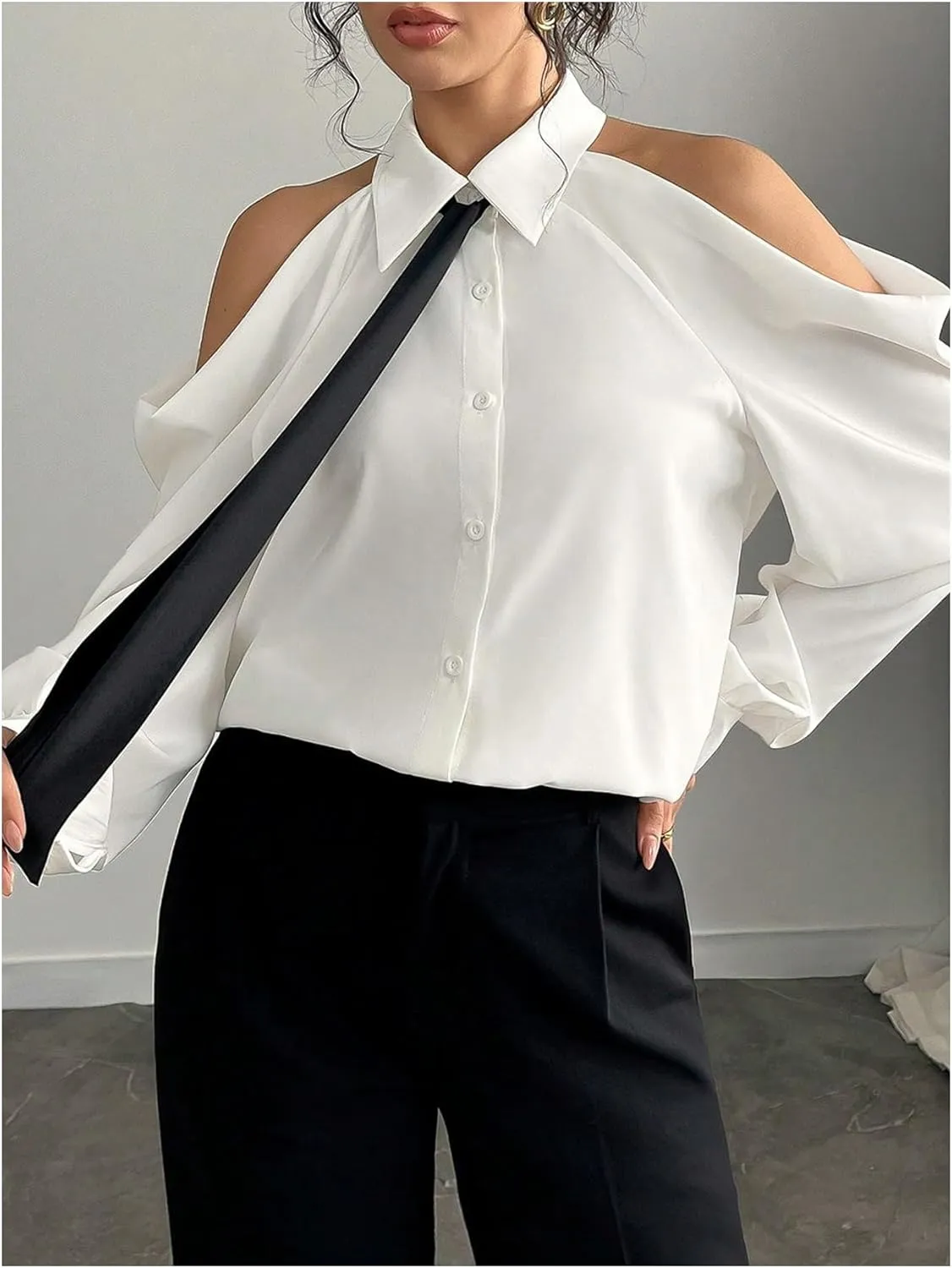 Women's Cold Shoulder Blouse Button Down Long Sleeve Collared Cropped Blouses with Necktie