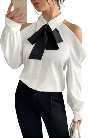 Women's Cold Shoulder Blouse Button Down Long Sleeve Collared Cropped Blouses with Necktie