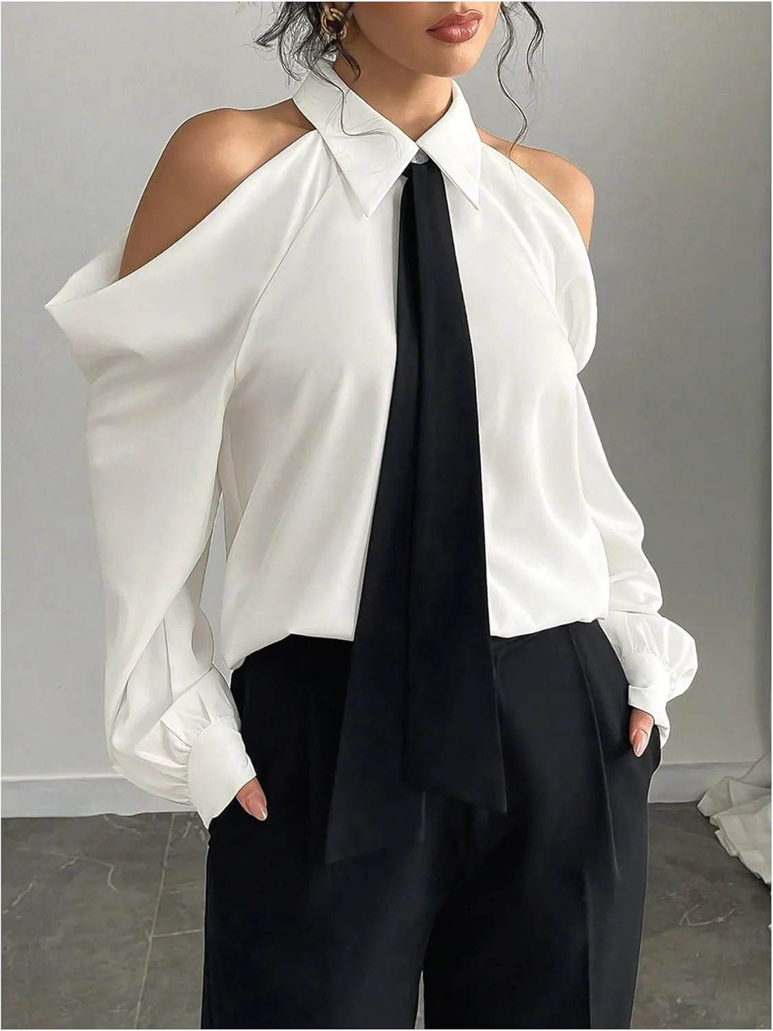 Women's Cold Shoulder Blouse Button Down Long Sleeve Collared Cropped Blouses with Necktie