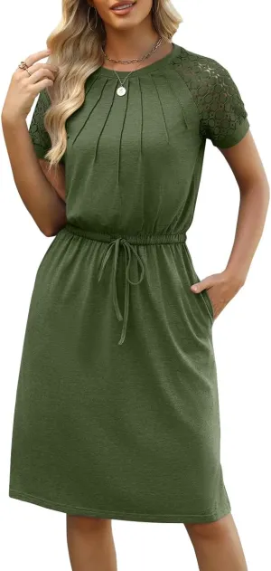 Womens Crew Neck Lace Short Sleeve Elastic Waist Knee Length Casual Side Slits Dresses with Pockets 2025 Summer