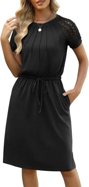 Womens Crew Neck Lace Short Sleeve Elastic Waist Knee Length Casual Side Slits Dresses with Pockets 2025 Summer