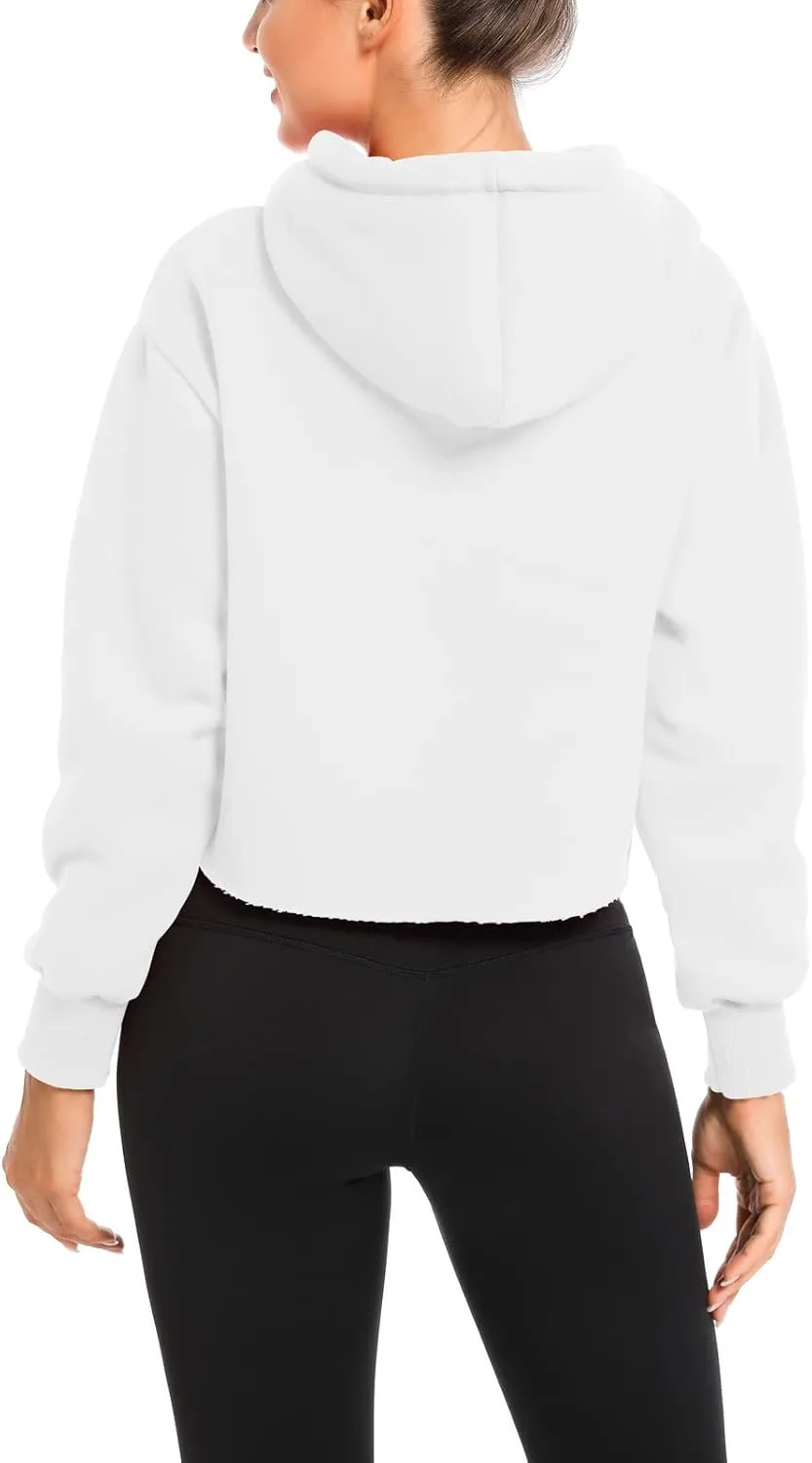 Women's Cropped Hoodie Fleece Long Sleeve Pullover Cut Off Hood Sweatshirt