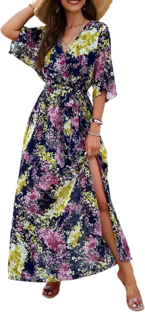 Womens Half Sleeve Wrap V Neck Chiffon Floral Casual Maxi Dress Spring Summer Wedding Guest Dresses for Women 2025