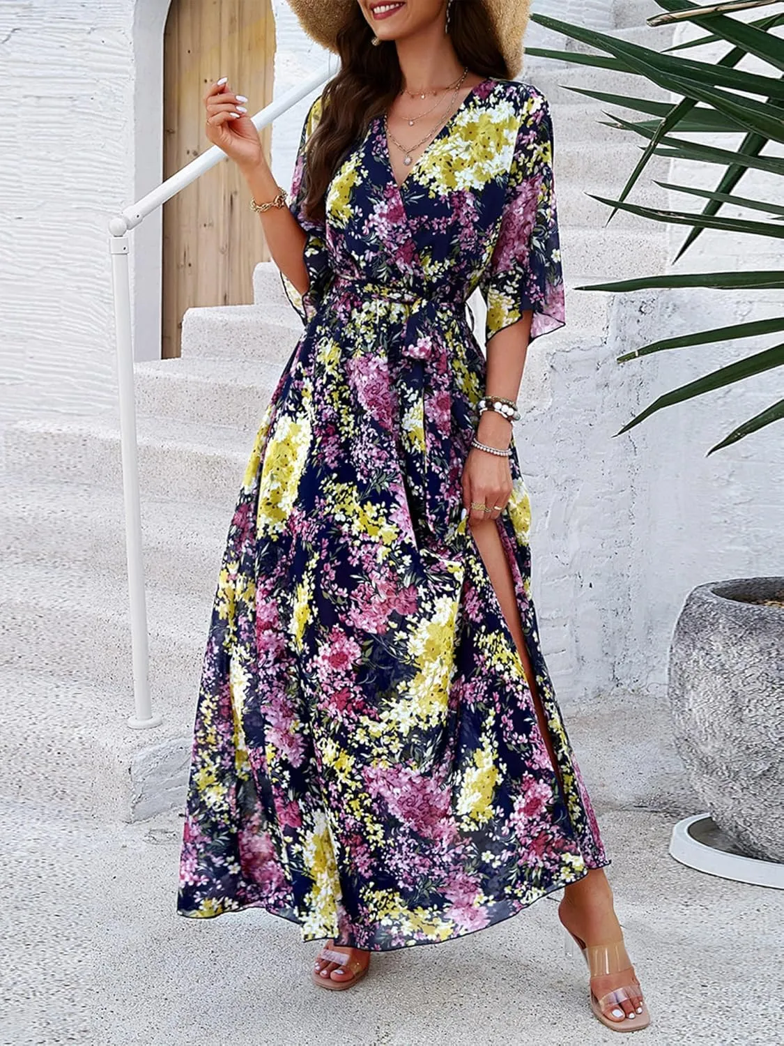 Womens Half Sleeve Wrap V Neck Chiffon Floral Casual Maxi Dress Spring Summer Wedding Guest Dresses for Women 2025