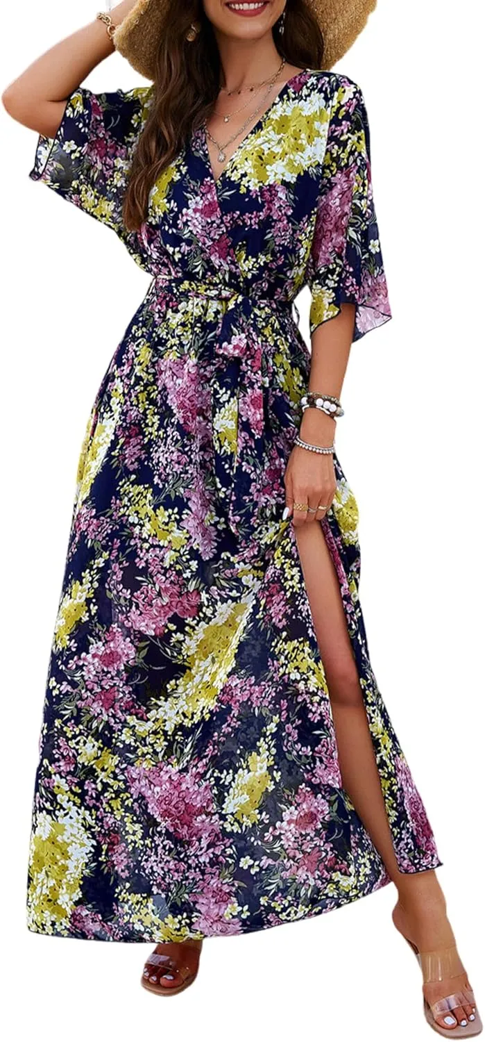 Womens Half Sleeve Wrap V Neck Chiffon Floral Casual Maxi Dress Spring Summer Wedding Guest Dresses for Women 2025