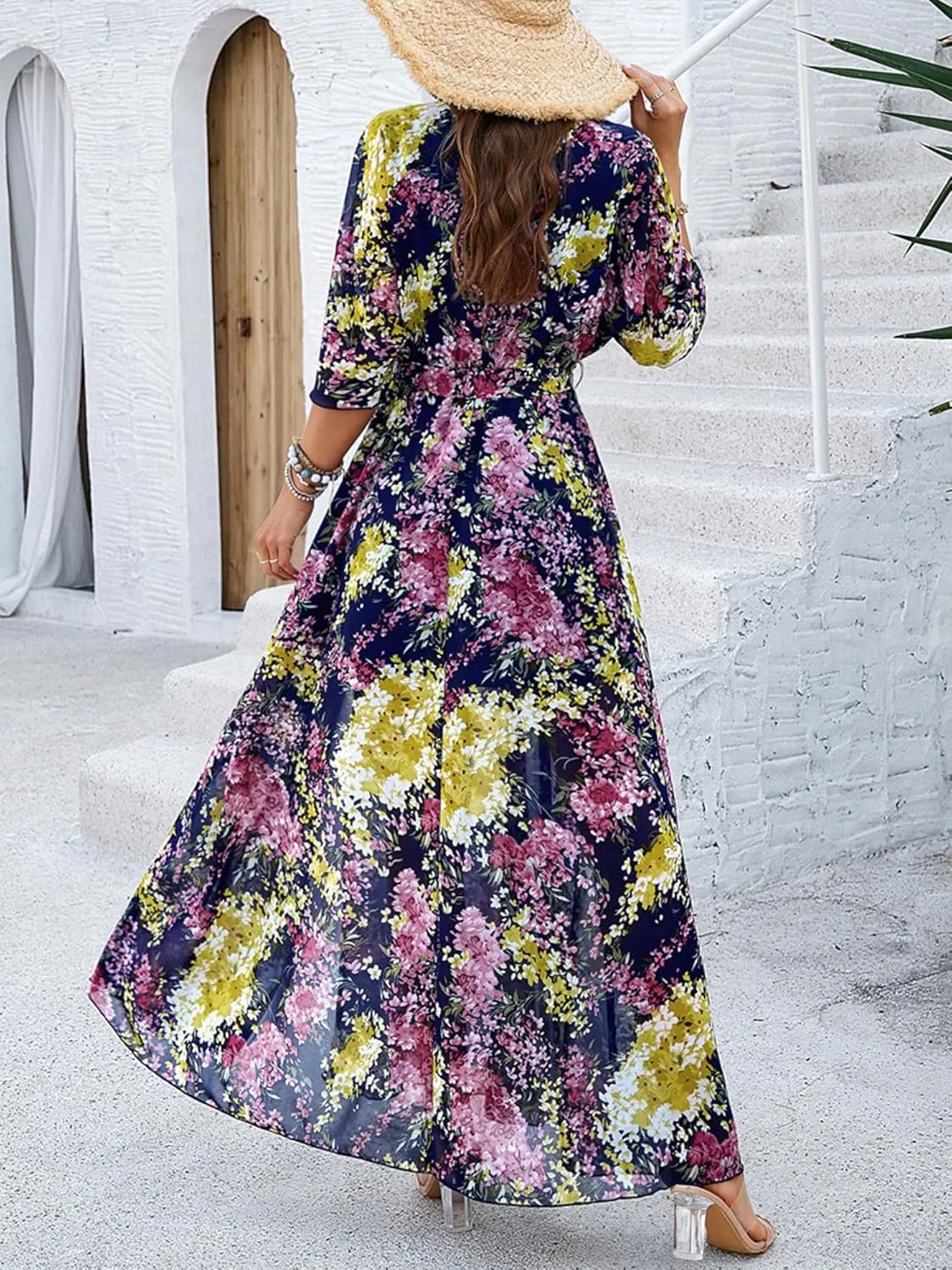Womens Half Sleeve Wrap V Neck Chiffon Floral Casual Maxi Dress Spring Summer Wedding Guest Dresses for Women 2025