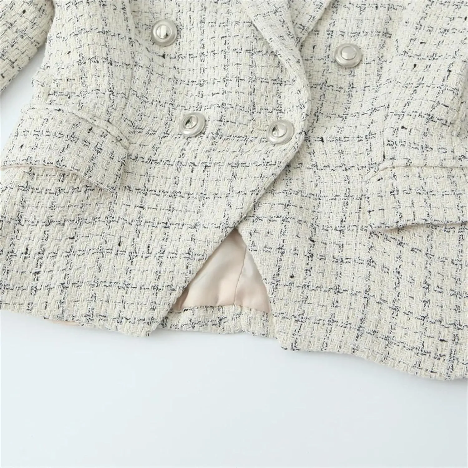 Women's Notched Lapel Plaid Double Breasted Short Blazer Jacket Tweed Suit Woolen Coat