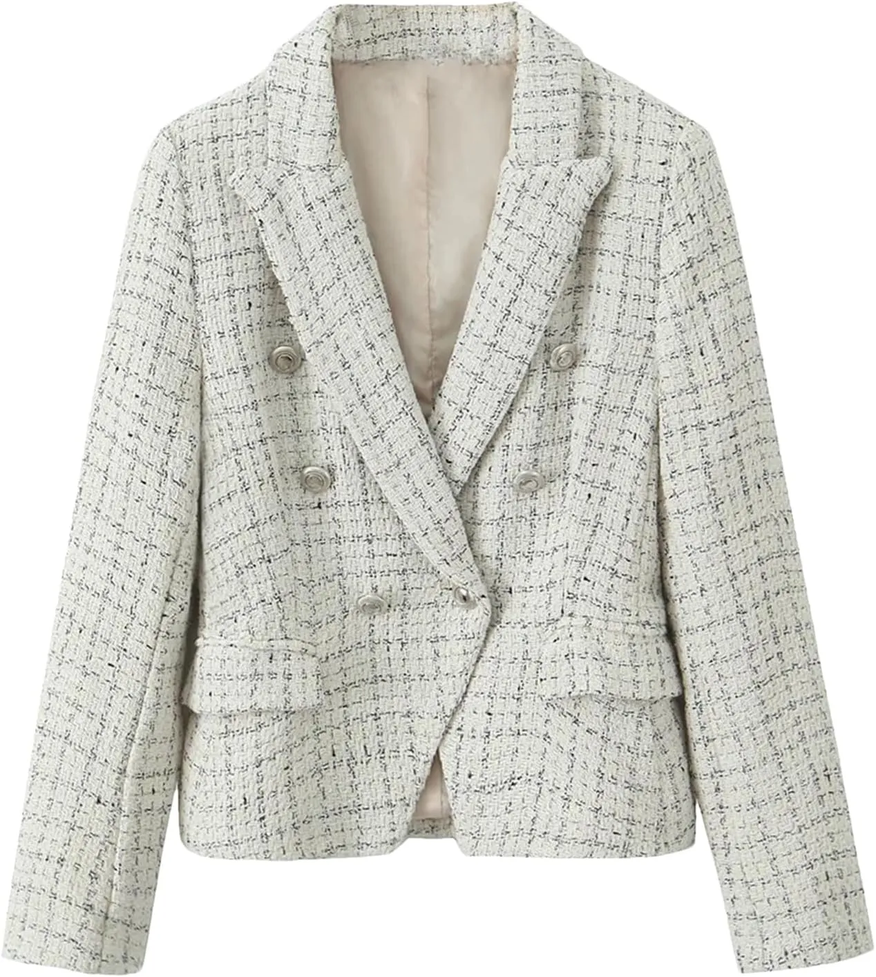Women's Notched Lapel Plaid Double Breasted Short Blazer Jacket Tweed Suit Woolen Coat