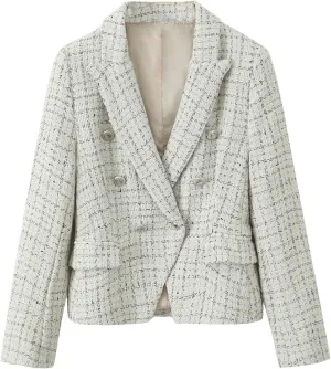 Women's Notched Lapel Plaid Double Breasted Short Blazer Jacket Tweed Suit Woolen Coat