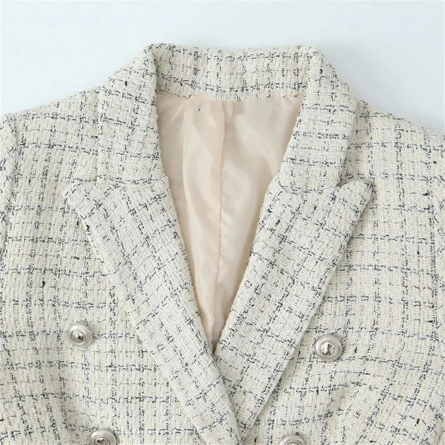 Women's Notched Lapel Plaid Double Breasted Short Blazer Jacket Tweed Suit Woolen Coat