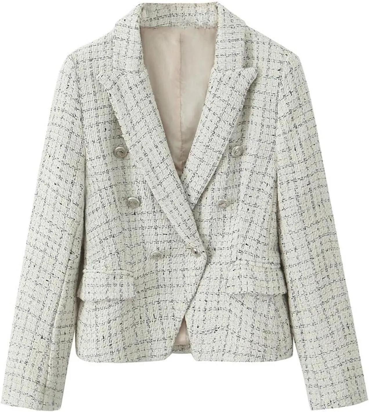 Women's Notched Lapel Plaid Double Breasted Short Blazer Jacket Tweed Suit Woolen Coat
