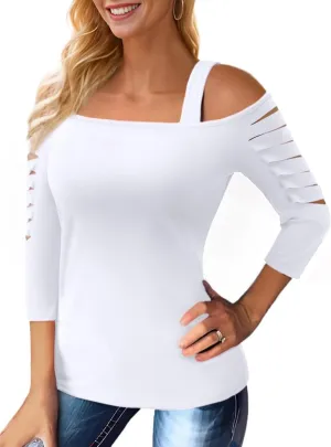 Womens Off Shoulder Tops Square Neck Hollowed Out Half Sleeve Ripped Cut Out Sexy Casual Summer Shirts Blouses