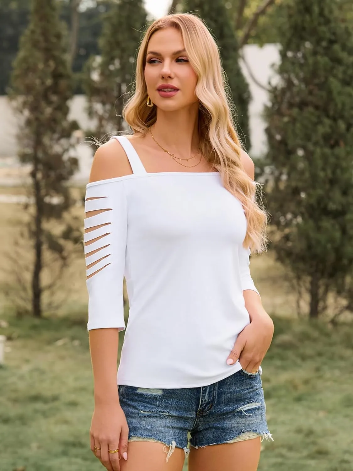 Womens Off Shoulder Tops Square Neck Hollowed Out Half Sleeve Ripped Cut Out Sexy Casual Summer Shirts Blouses