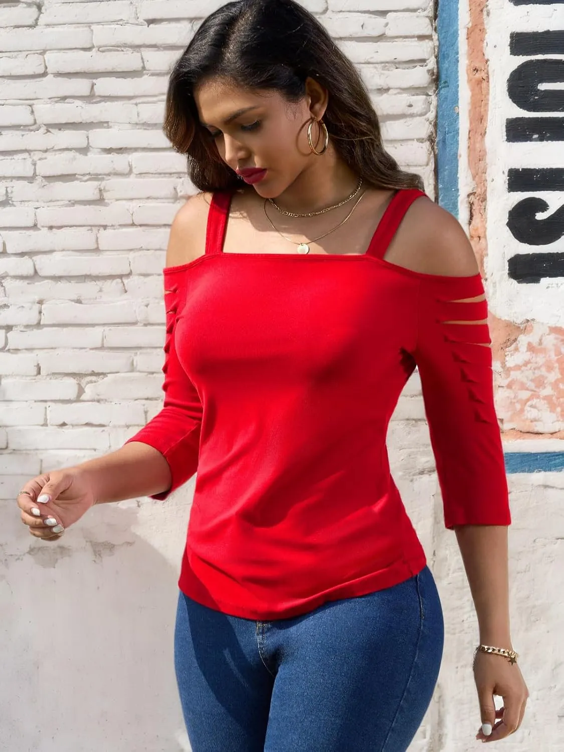 Womens Off Shoulder Tops Square Neck Hollowed Out Half Sleeve Ripped Cut Out Sexy Casual Summer Shirts Blouses
