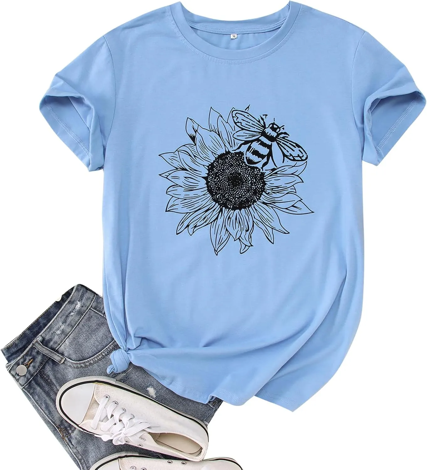 Women's Summer Sunflower T Shirt Cute Flower Graphic Loose Tees Crew Neck Short Sleeve Casual Tops