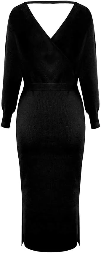 Women's Sweater Dress Long Batwing Sleeve Wrap V Neck Open Back Split Bodycon Dresses Winter Fall
